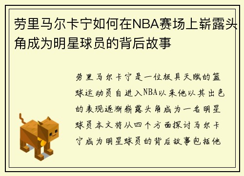 劳里马尔卡宁如何在NBA赛场上崭露头角成为明星球员的背后故事